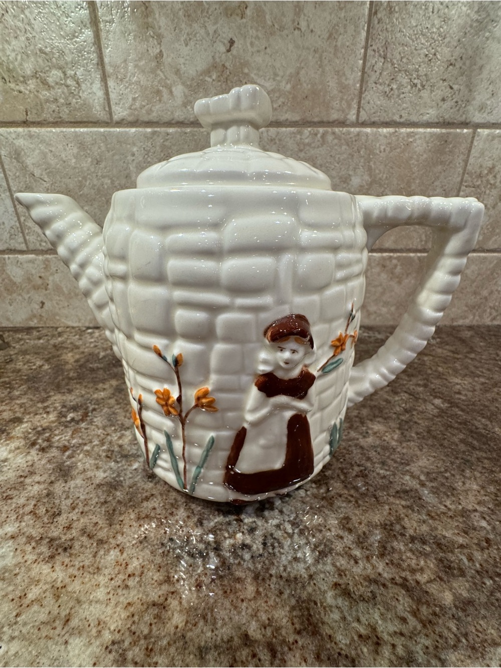 Vintage Porcelier Cobblestone Girl Teapot Vitreous China Original Lid